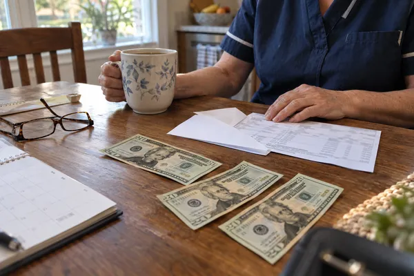 A woman in a work uniform at her kitchen table with coffee, a pay stub, and three twenty-dollar bills.